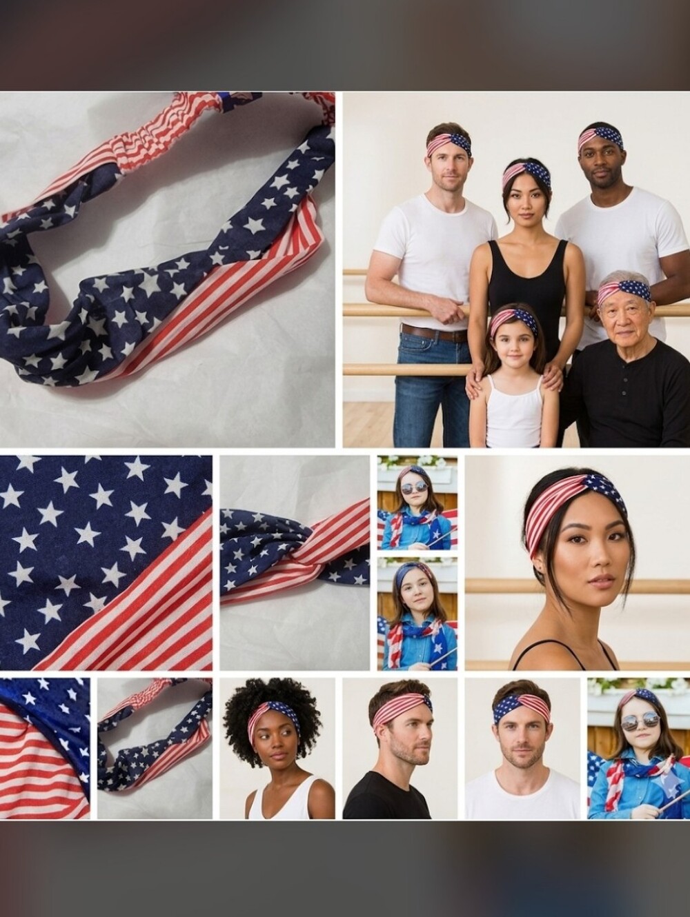 🍎 2 Nwt American Flag Headwrap Headband Patriotic Stars Stripes Cotton White